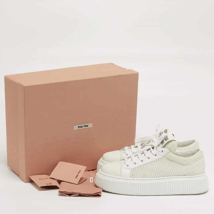 Pre Owned Miu Miu Size 38 White Leather and Mesh Low Top Sneakers