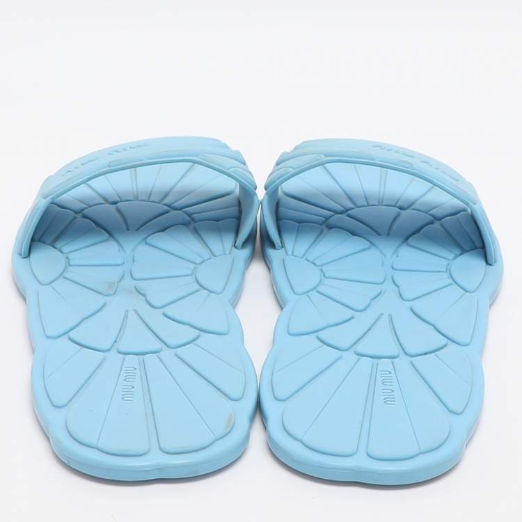 Pre Owned Miu Miu Size 38 Light Blue Rubber Wavy Slippers