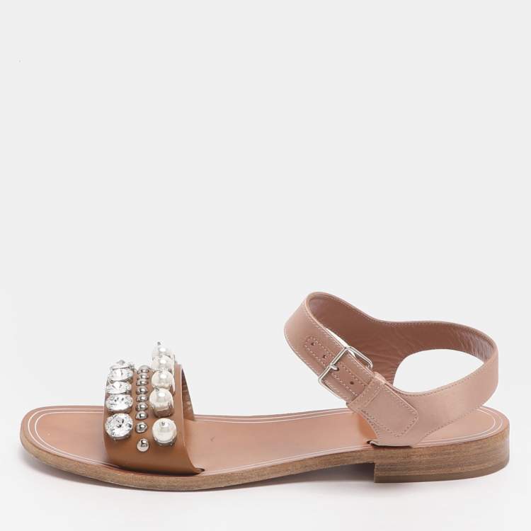 Pre Owned Miu Miu Size 39 Brown/Old Rose Leather and Satin Crystal Pearl Embellished Ankle Strap Flats