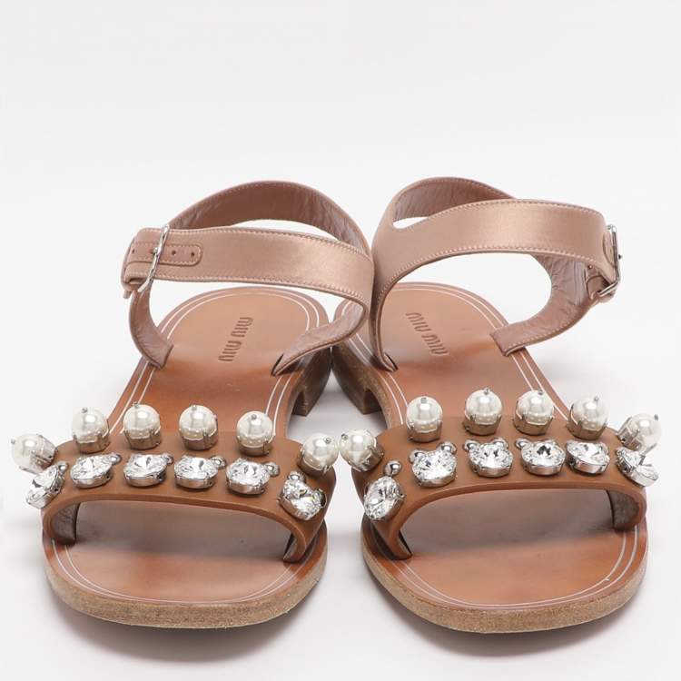 Pre Owned Miu Miu Size 39 Brown/Old Rose Leather and Satin Crystal Pearl Embellished Ankle Strap Flats