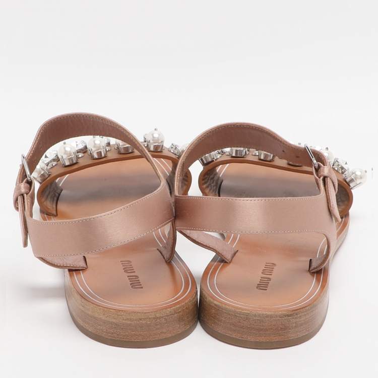Pre Owned Miu Miu Size 39 Brown/Old Rose Leather and Satin Crystal Pearl Embellished Ankle Strap Flats