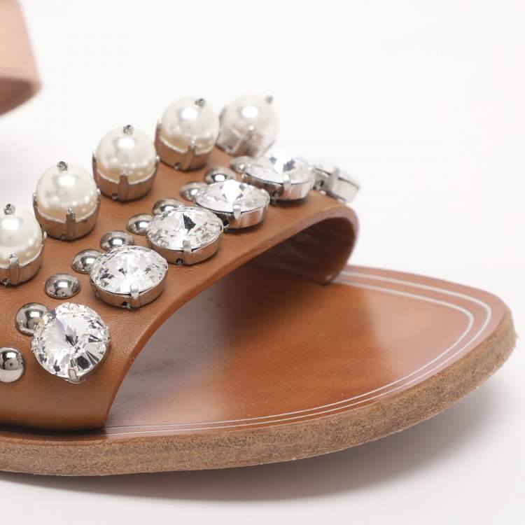 Pre Owned Miu Miu Size 39 Brown/Old Rose Leather and Satin Crystal Pearl Embellished Ankle Strap Flats