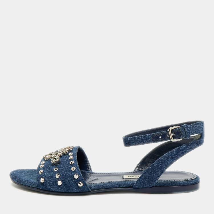 مملوكة مسبقًا Miu Miu Size 35 Blue Denim Crystal Embellished Ankle Strap Sandals