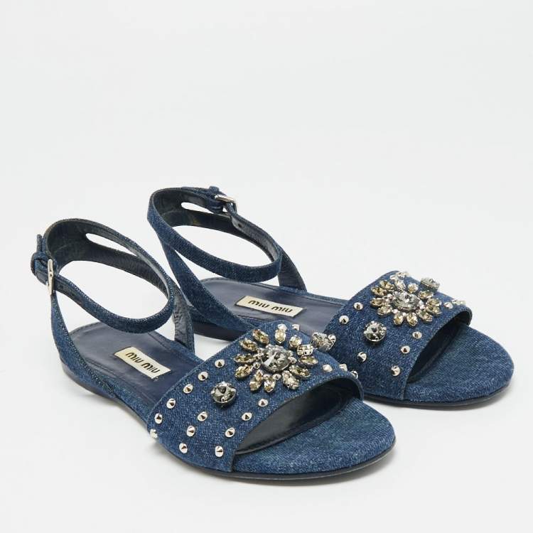مملوكة مسبقًا Miu Miu Size 35 Blue Denim Crystal Embellished Ankle Strap Sandals