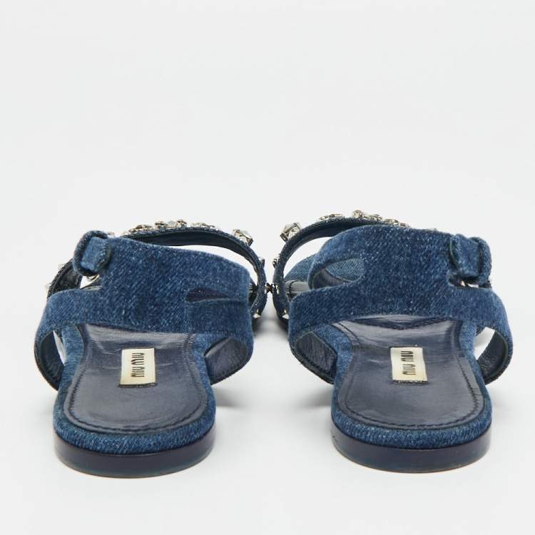مملوكة مسبقًا Miu Miu Size 35 Blue Denim Crystal Embellished Ankle Strap Sandals