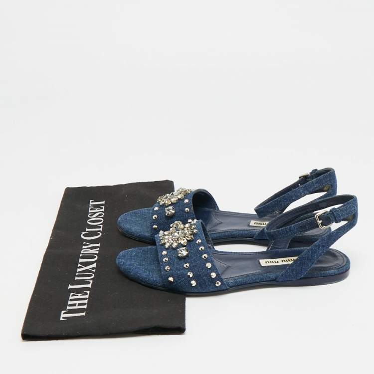 مملوكة مسبقًا Miu Miu Size 35 Blue Denim Crystal Embellished Ankle Strap Sandals