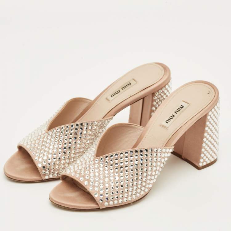 Pre Owned Miu Miu Size 38.5 Beige Satin Crystal Embellished Mules