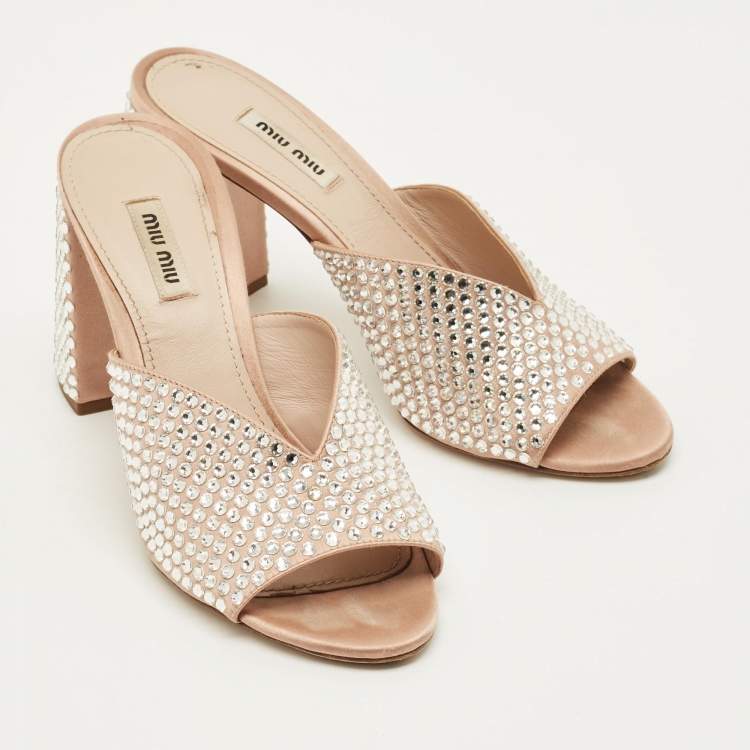 Pre Owned Miu Miu Size 38.5 Beige Satin Crystal Embellished Mules