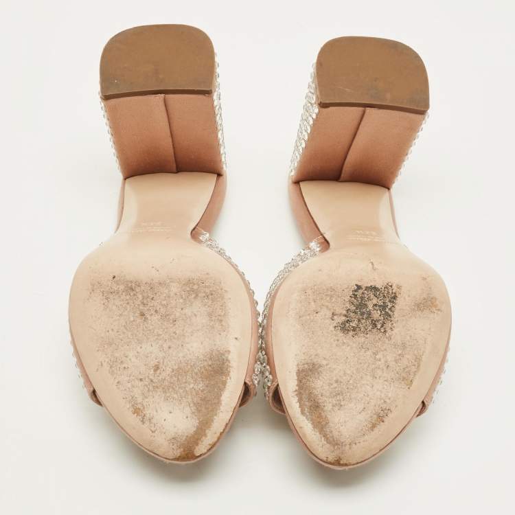 Pre Owned Miu Miu Size 38.5 Beige Satin Crystal Embellished Mules