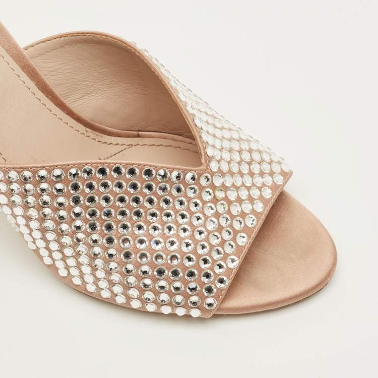 Pre Owned Miu Miu Size 38.5 Beige Satin Crystal Embellished Mules