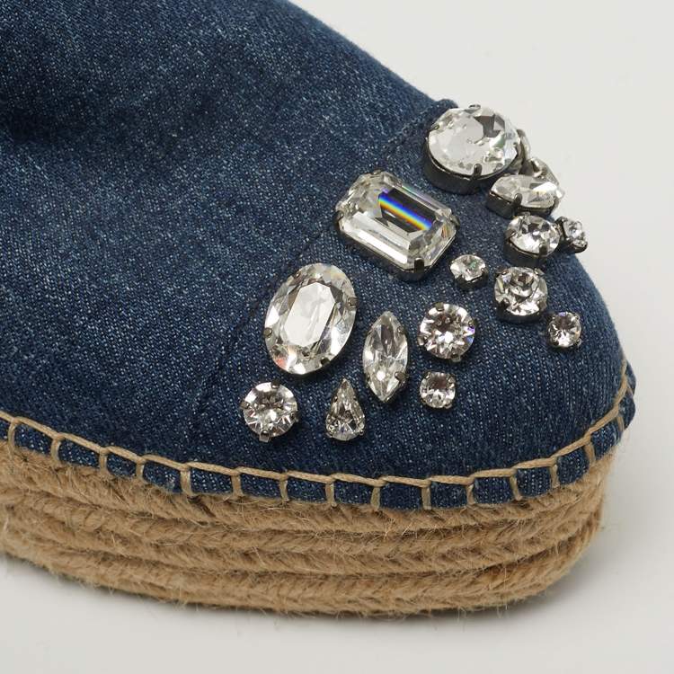 مملوكة مسبقًا Miu Miu Size 38 Blue Denim Crystal Embellished Espadrille Platform Wedge Flats