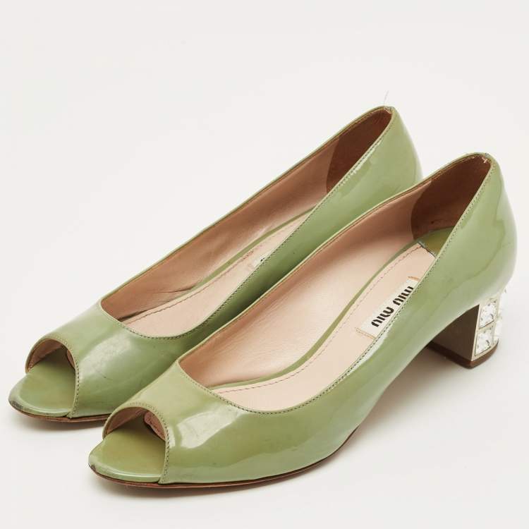 Pre Owned Miu Miu Size 37 Green Patent Leather Crystal Embellish Block Pumps