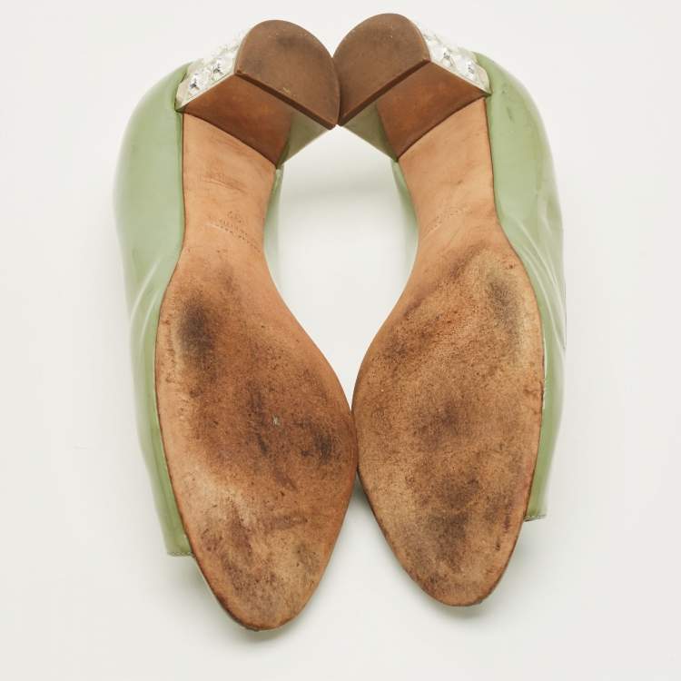 Pre Owned Miu Miu Size 37 Green Patent Leather Crystal Embellish Block Pumps