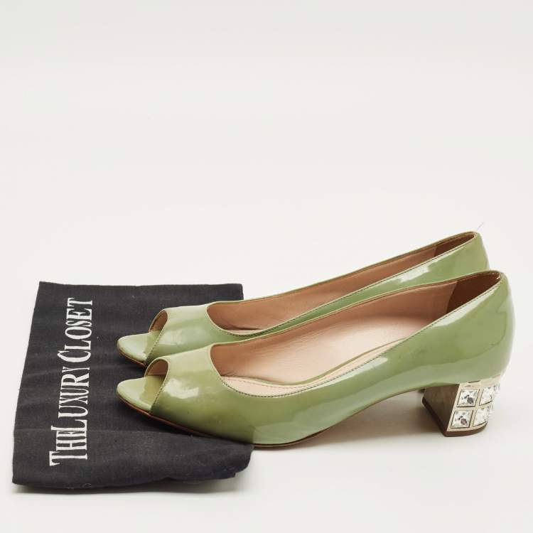 Pre Owned Miu Miu Size 37 Green Patent Leather Crystal Embellish Block Pumps