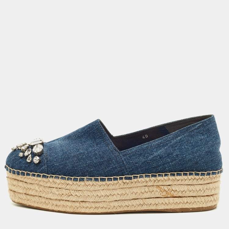 مملوكة مسبقًا Miu Miu Size 40 Blue Denim Crystal Embellished Cap Toe Platform Espadrille Flats