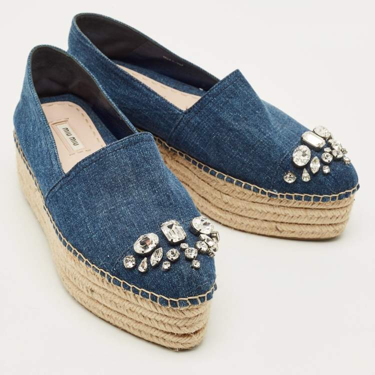 مملوكة مسبقًا Miu Miu Size 40 Blue Denim Crystal Embellished Cap Toe Platform Espadrille Flats