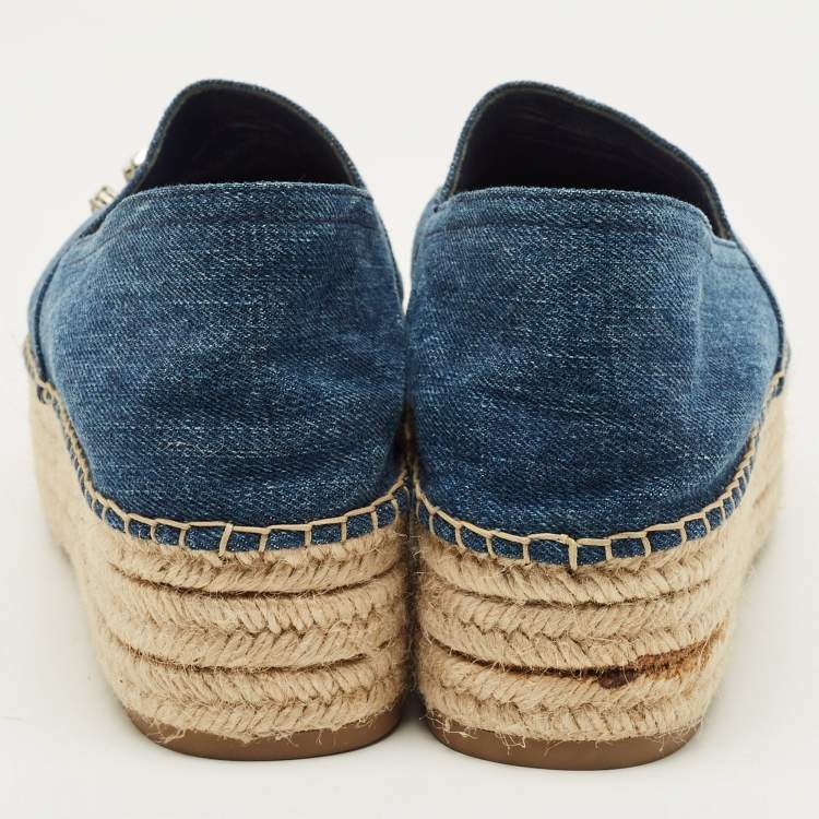 مملوكة مسبقًا Miu Miu Size 40 Blue Denim Crystal Embellished Cap Toe Platform Espadrille Flats