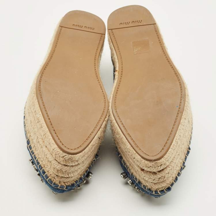 مملوكة مسبقًا Miu Miu Size 40 Blue Denim Crystal Embellished Cap Toe Platform Espadrille Flats