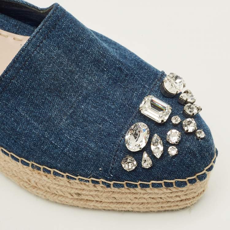 مملوكة مسبقًا Miu Miu Size 40 Blue Denim Crystal Embellished Cap Toe Platform Espadrille Flats