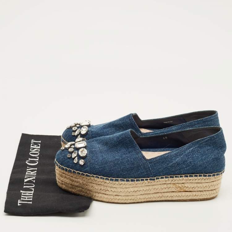 مملوكة مسبقًا Miu Miu Size 40 Blue Denim Crystal Embellished Cap Toe Platform Espadrille Flats