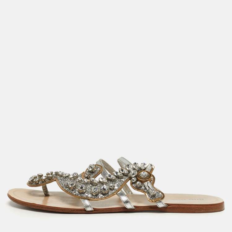 Pre Owned Miu Miu Size 40 Silver Leather Crystal Embellished Flat Slides 