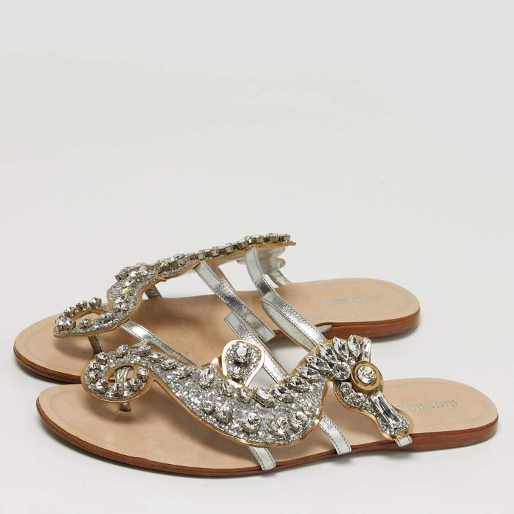 Pre Owned Miu Miu Size 40 Silver Leather Crystal Embellished Flat Slides 