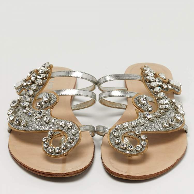Pre Owned Miu Miu Size 40 Silver Leather Crystal Embellished Flat Slides 