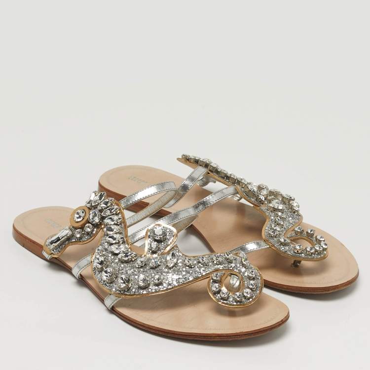 Pre Owned Miu Miu Size 40 Silver Leather Crystal Embellished Flat Slides 