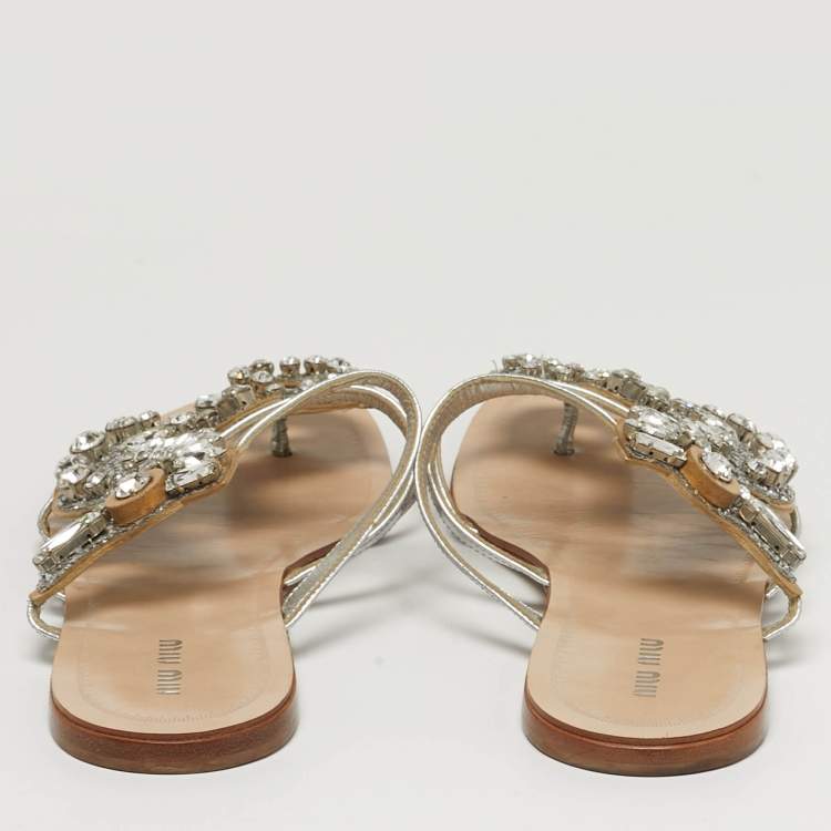 Pre Owned Miu Miu Size 40 Silver Leather Crystal Embellished Flat Slides 