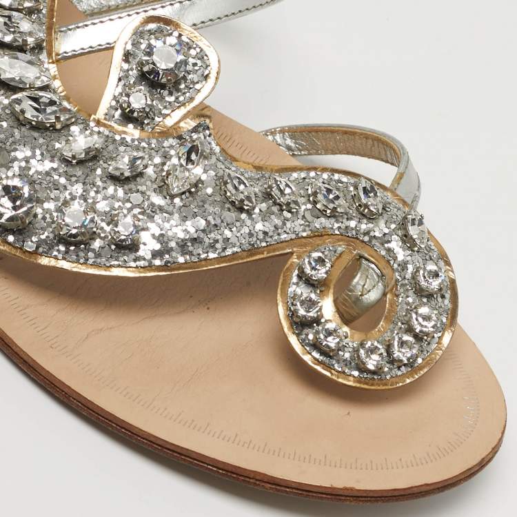 Pre Owned Miu Miu Size 40 Silver Leather Crystal Embellished Flat Slides 