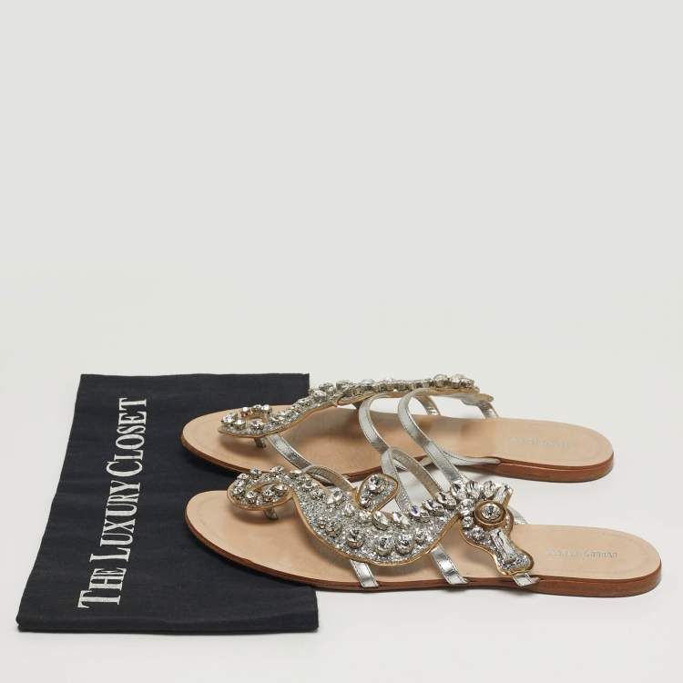 Pre Owned Miu Miu Size 40 Silver Leather Crystal Embellished Flat Slides 