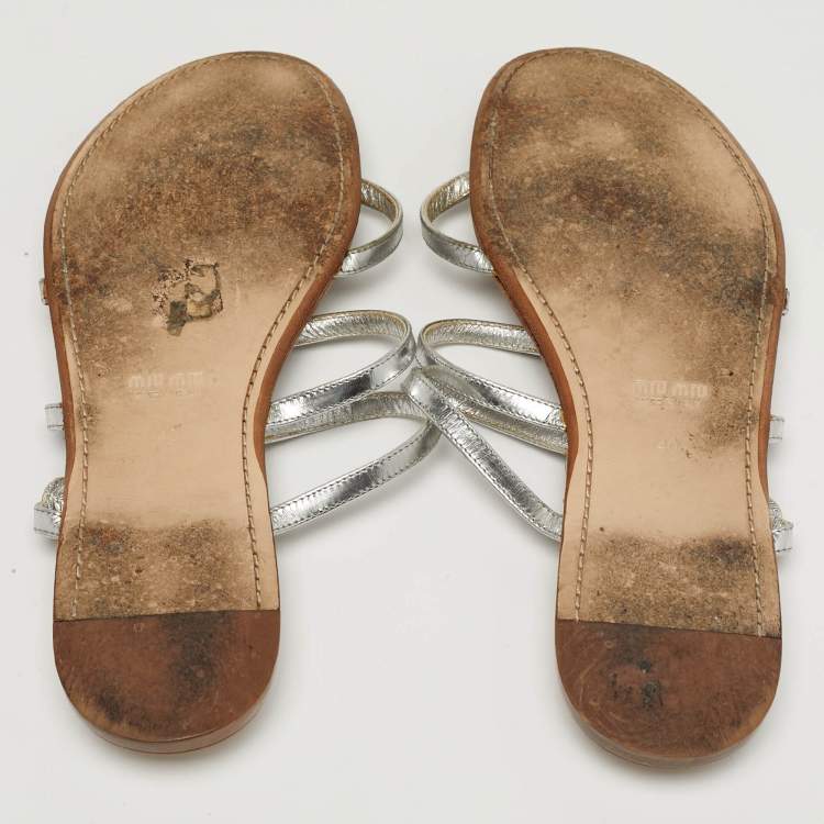 Pre Owned Miu Miu Size 40 Silver Leather Crystal Embellished Flat Slides 