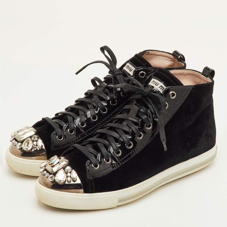 Pre Owned Miu Miu Crystal Embellished Cap Toe Size 38.5 Black Patent Leather and Velvet Mid Top Sneakers