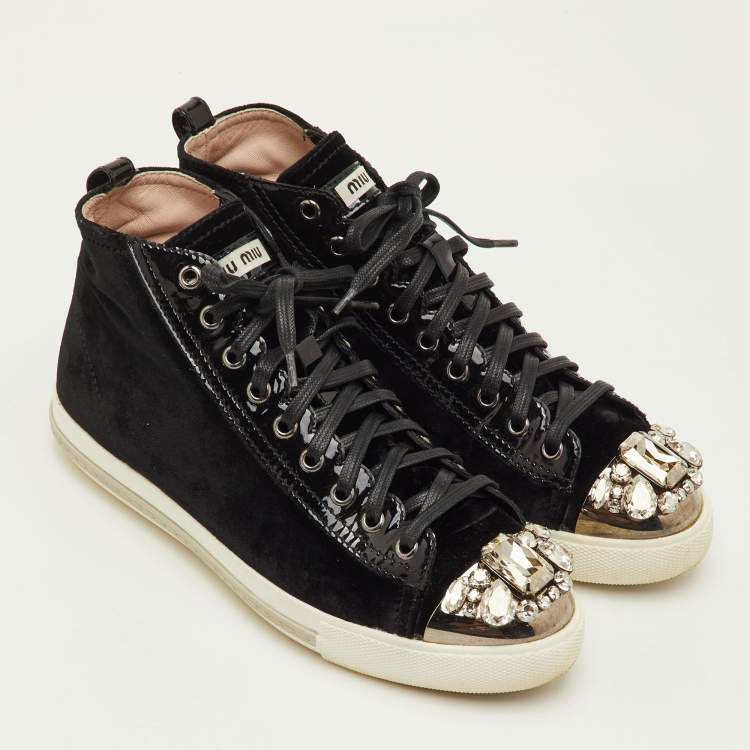 Pre Owned Miu Miu Crystal Embellished Cap Toe Size 38.5 Black Patent Leather and Velvet Mid Top Sneakers