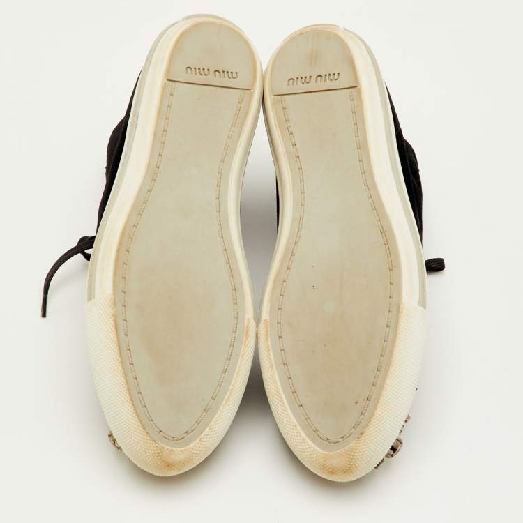 Pre Owned Miu Miu Crystal Embellished Cap Toe Size 38.5 Black Patent Leather and Velvet Mid Top Sneakers