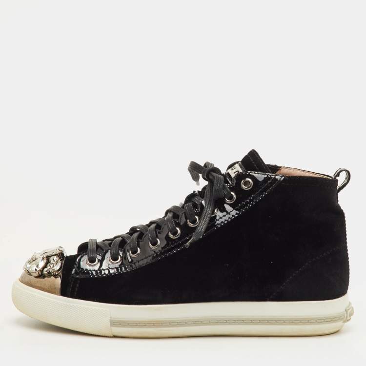 Pre Owned Miu Miu Crystal Embellished Cap Toe Size 38.5 Black Patent Leather and Velvet Mid Top Sneakers