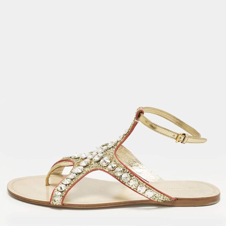 Pre Owned Miu Miu Size 39.5 Gold Leather and Glitter Crystal Embellished Ankle Strap Flat Sandals 