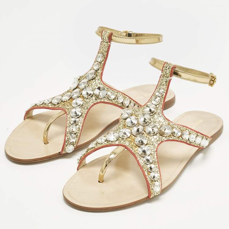Pre Owned Miu Miu Size 39.5 Gold Leather and Glitter Crystal Embellished Ankle Strap Flat Sandals 