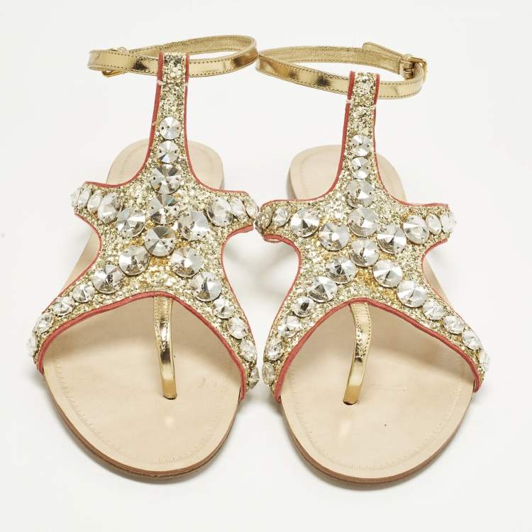 Pre Owned Miu Miu Size 39.5 Gold Leather and Glitter Crystal Embellished Ankle Strap Flat Sandals 