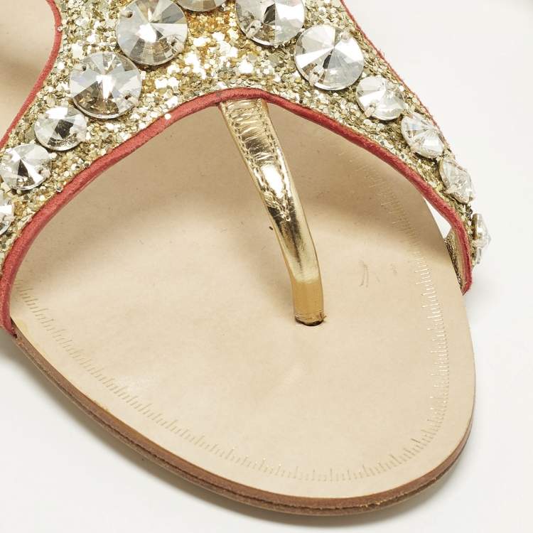 Pre Owned Miu Miu Size 39.5 Gold Leather and Glitter Crystal Embellished Ankle Strap Flat Sandals 
