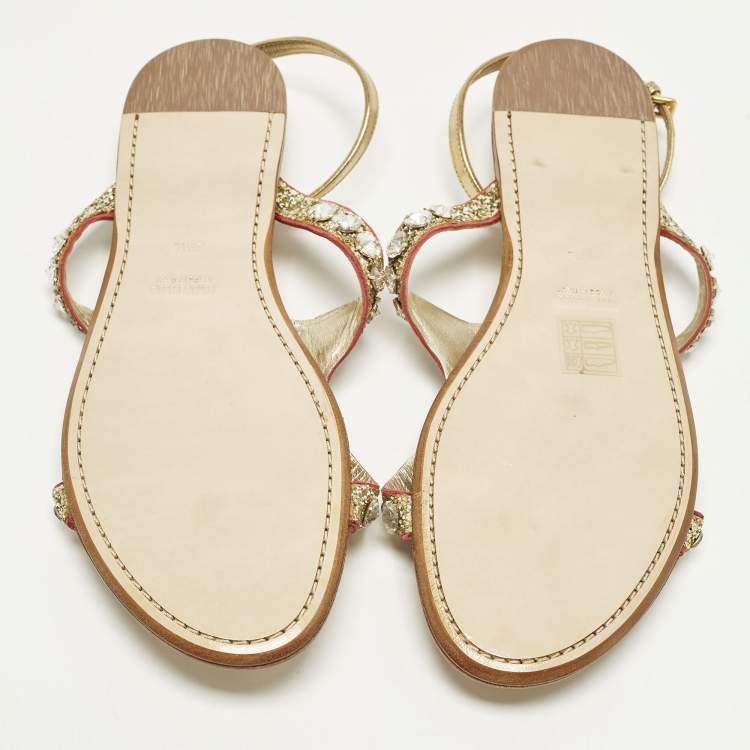 Pre Owned Miu Miu Size 39.5 Gold Leather and Glitter Crystal Embellished Ankle Strap Flat Sandals 