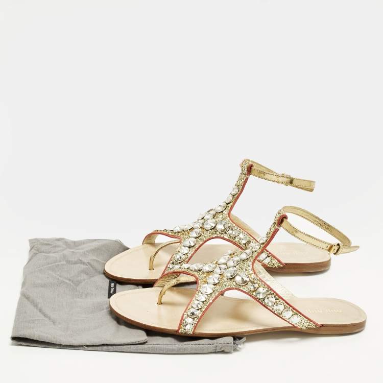 Pre Owned Miu Miu Size 39.5 Gold Leather and Glitter Crystal Embellished Ankle Strap Flat Sandals 
