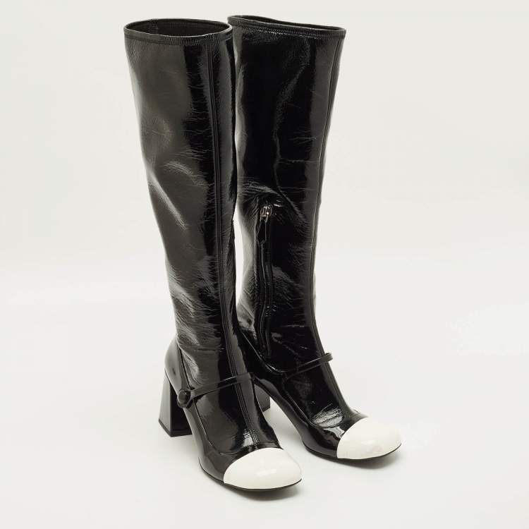 مملوكة مسبقًا Miu Miu Size 41 Black/White Leather and Patent Leather Knee Length Boots