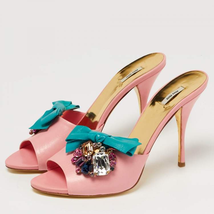 Pre Owned Miu Miu Size 40 Pink Leather Crystal Embellished Bow Slide Sandals
