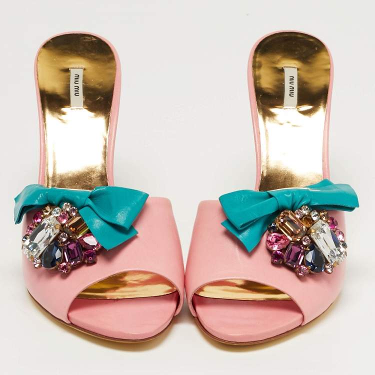 Pre Owned Miu Miu Size 40 Pink Leather Crystal Embellished Bow Slide Sandals
