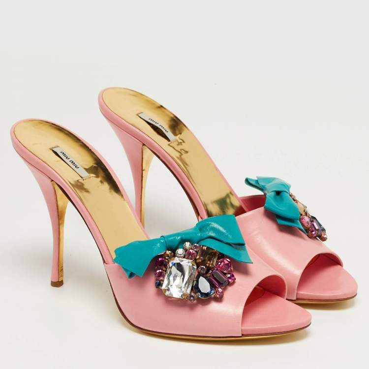 Pre Owned Miu Miu Size 40 Pink Leather Crystal Embellished Bow Slide Sandals