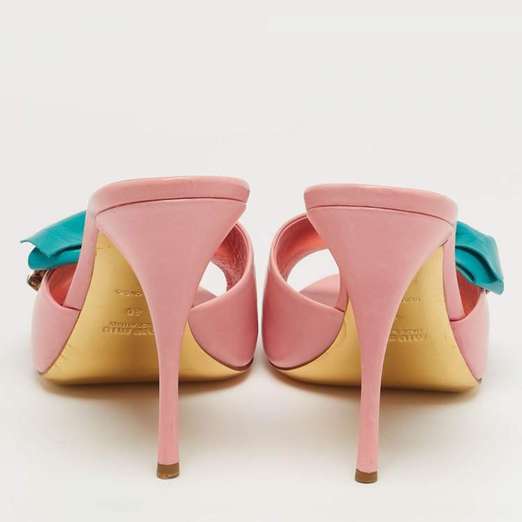 Pre Owned Miu Miu Size 40 Pink Leather Crystal Embellished Bow Slide Sandals