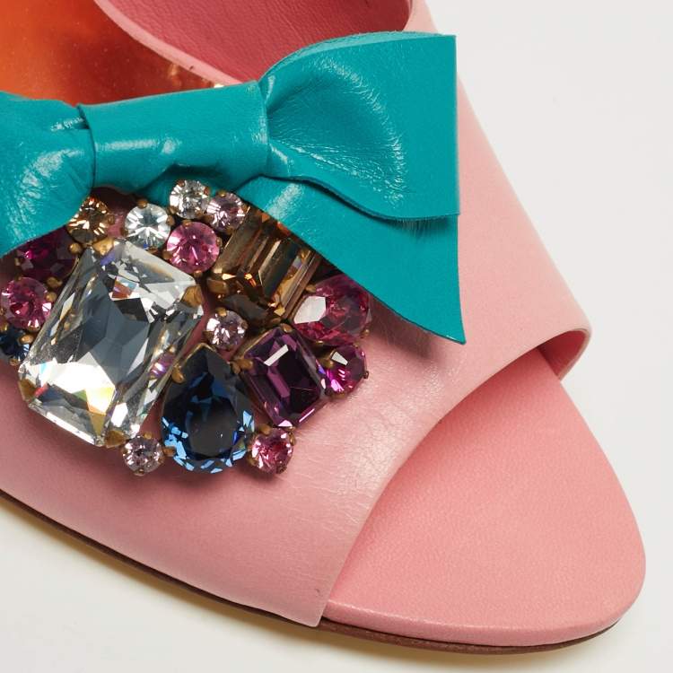Pre Owned Miu Miu Size 40 Pink Leather Crystal Embellished Bow Slide Sandals