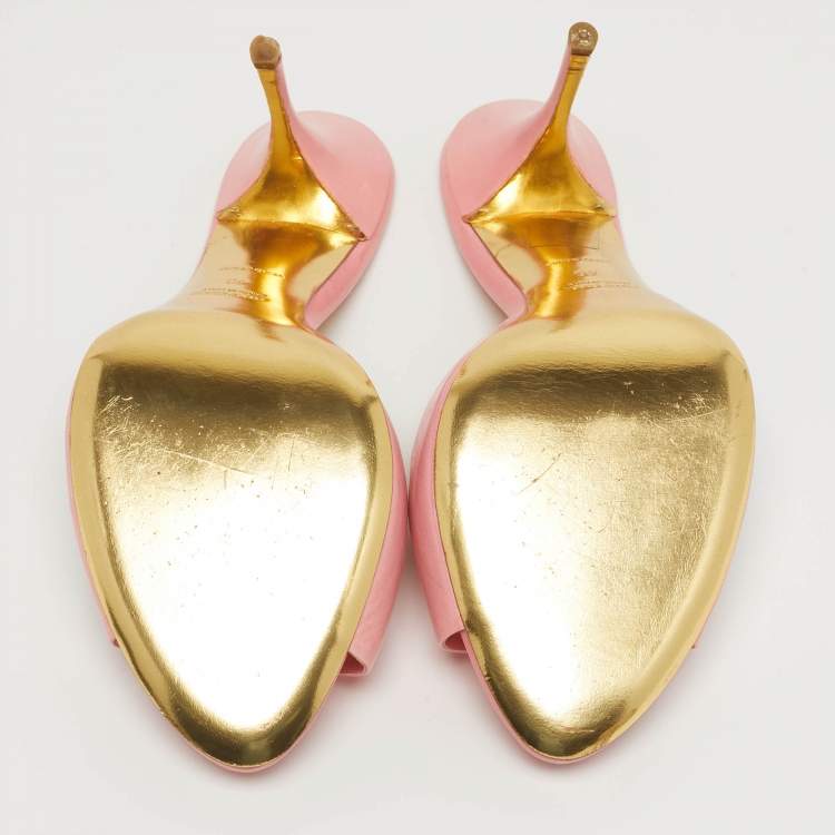 Pre Owned Miu Miu Size 40 Pink Leather Crystal Embellished Bow Slide Sandals