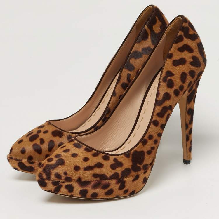 Pre Owned Miu Miu Size 41 Brown/Beige Leopard Print  Calf Hair Platform Pumps